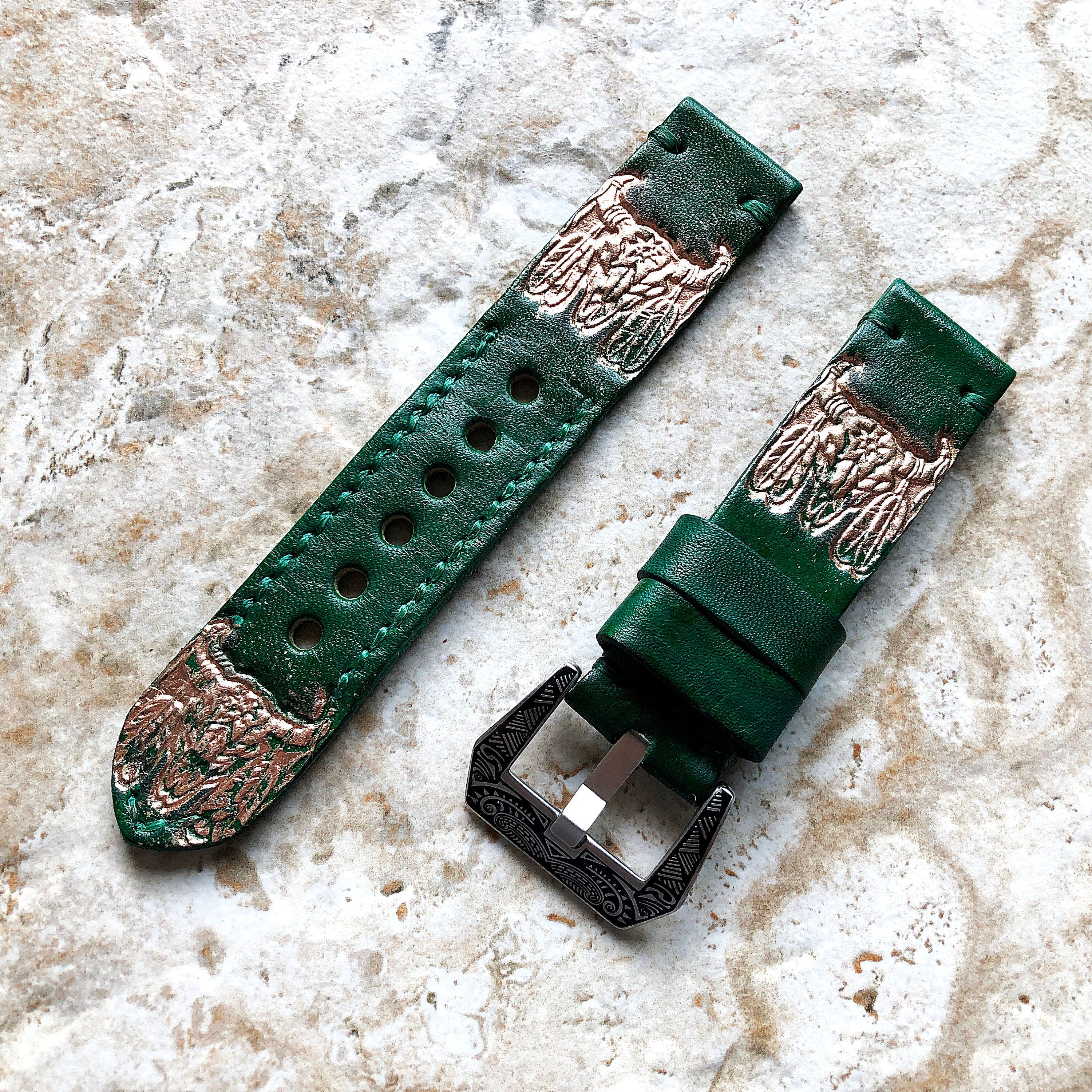 Buffalo Skull Band 22mm 24mm 25mm Compatible with Apple Watch Fitbit Versa 2 3 4 Sense 2 Ionic Accented Embossed Tooled Real Leather Strap